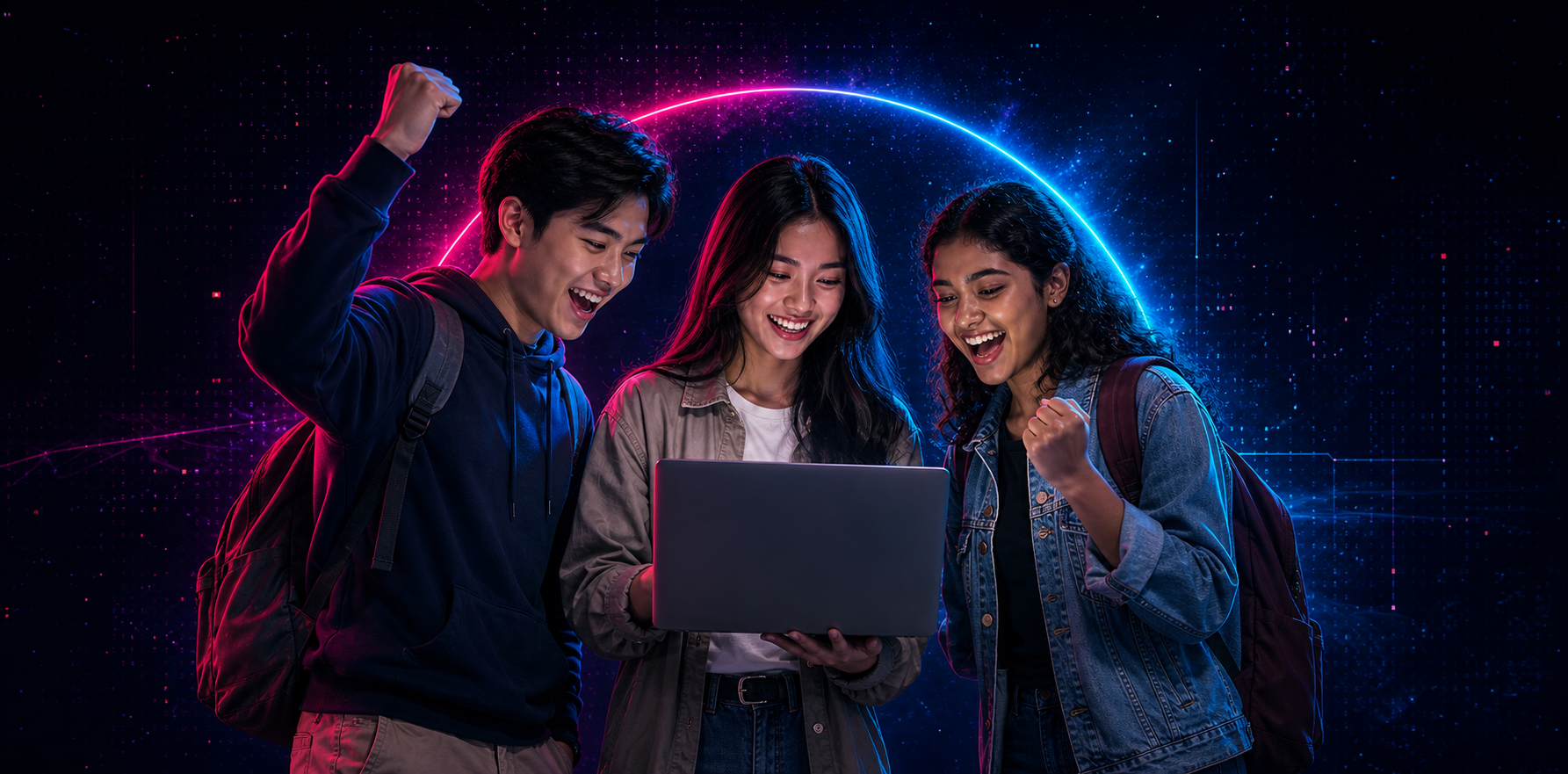 Three student teammates celebrating a successful AI prototype