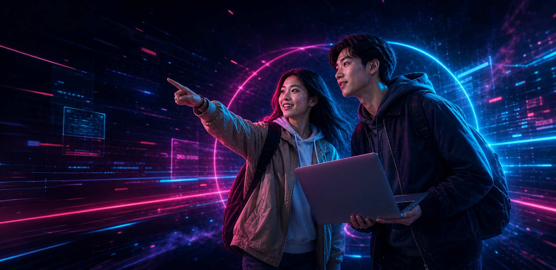 Two students moving their AI project forward in a neon-lit technology space