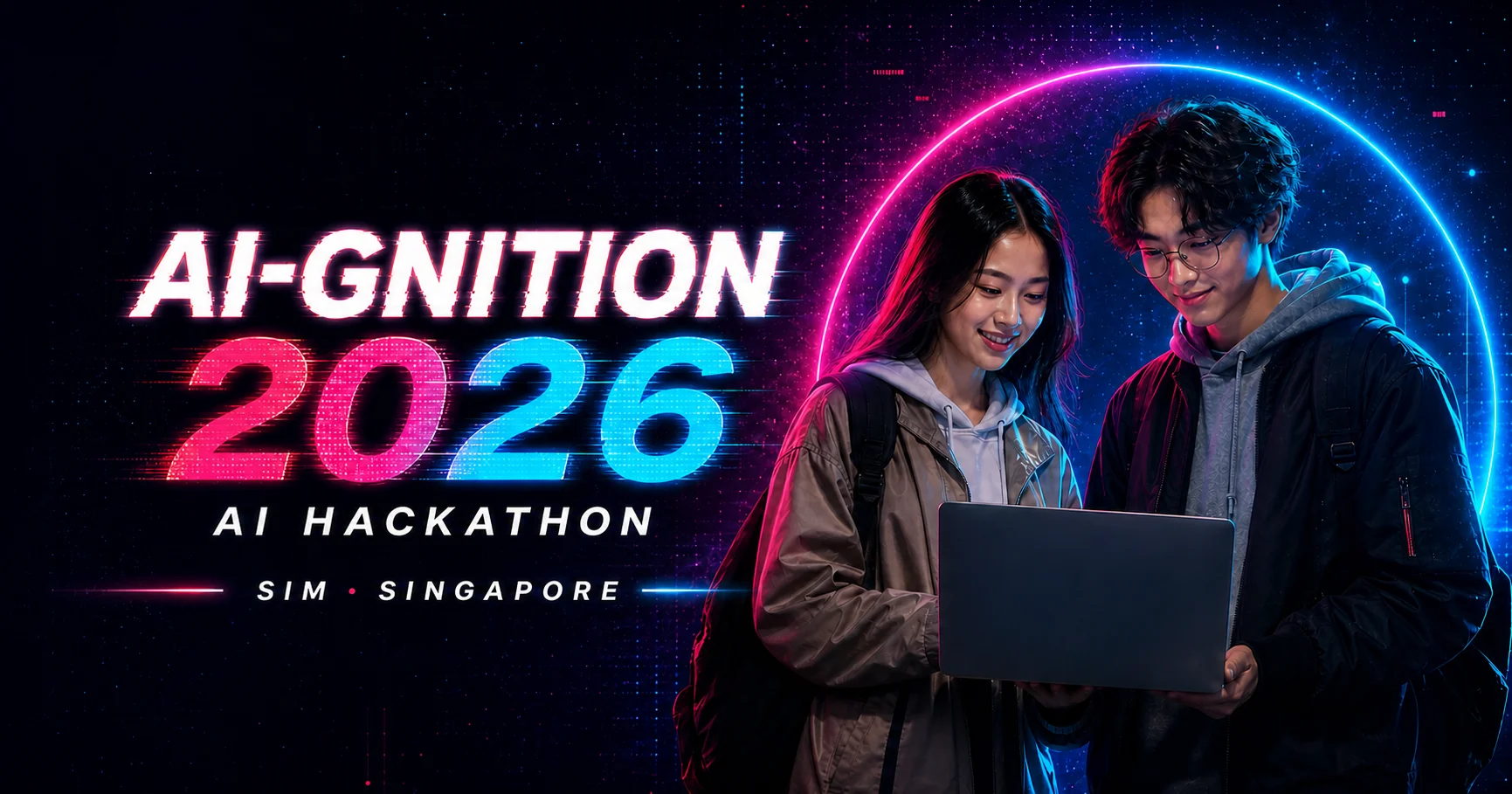 AI-GNITION 2026 AI Hackathon campaign featuring two students collaborating on a laptop