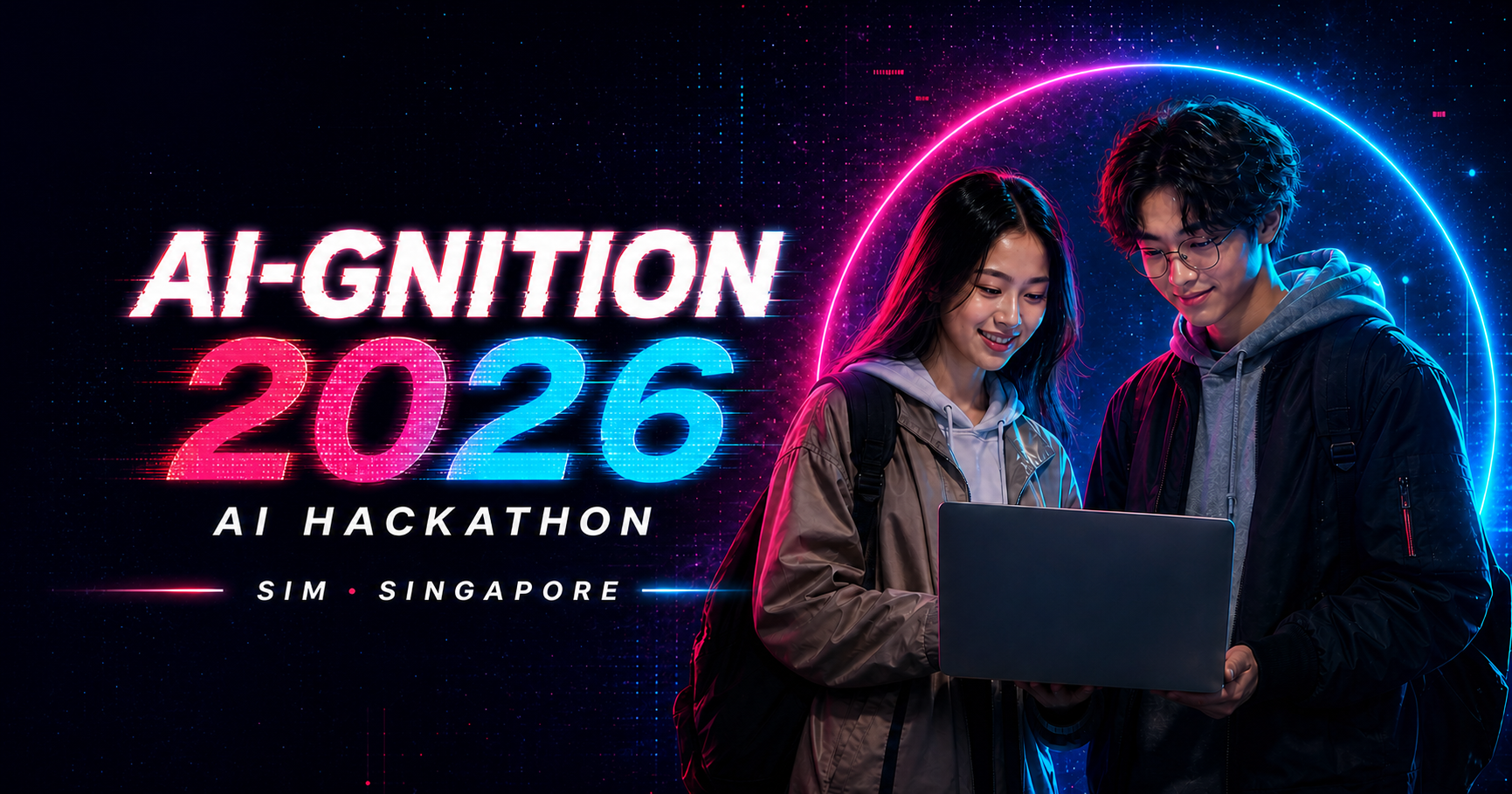 AI-GNITION 2026 AI Hackathon campaign featuring two students collaborating on a laptop